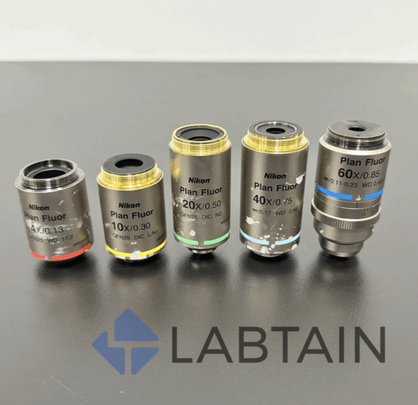 Nikon plan fluor microscope objective set  (4x, 10x, 20x, 40x, 60x)